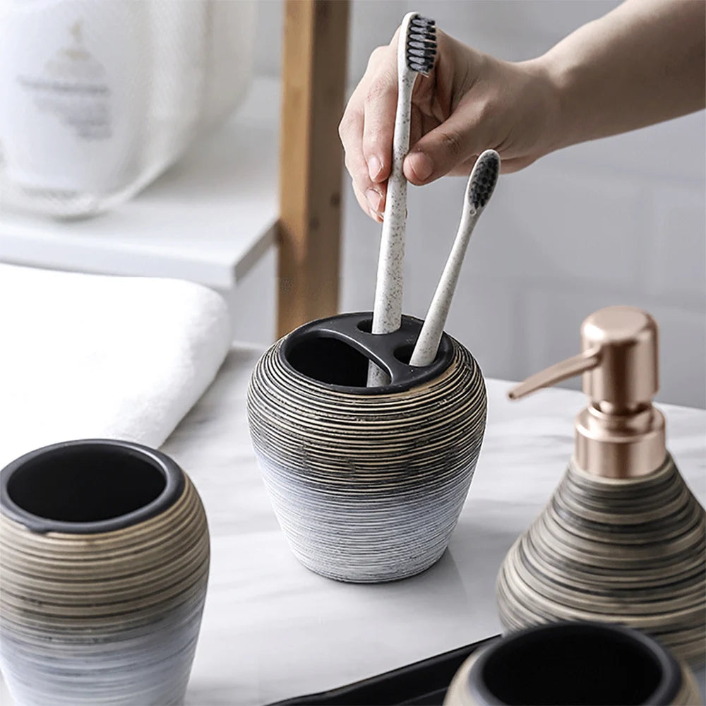 Five-Piece Ceramic Bathroom Accessory Set Dispenser Holder Cup Tray