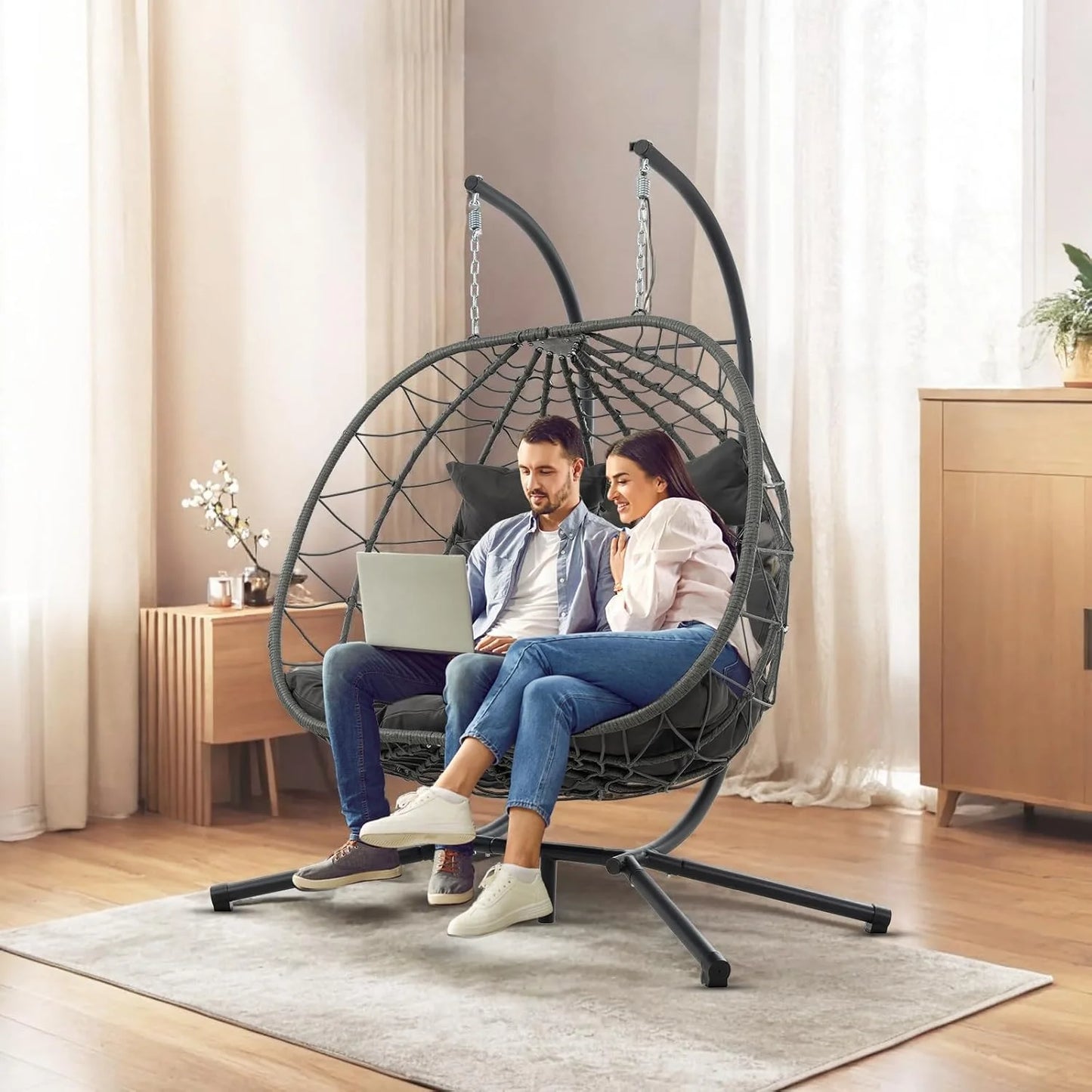 Double Egg Swing Chair With Stand Outdoor Hammock Chair Wicker