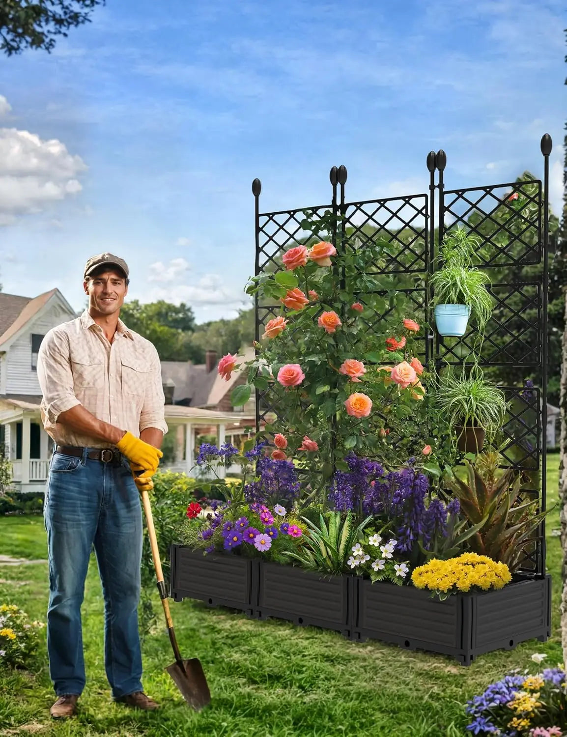 Outdoor Raised Planter Box With Trellis For Climbing Plants