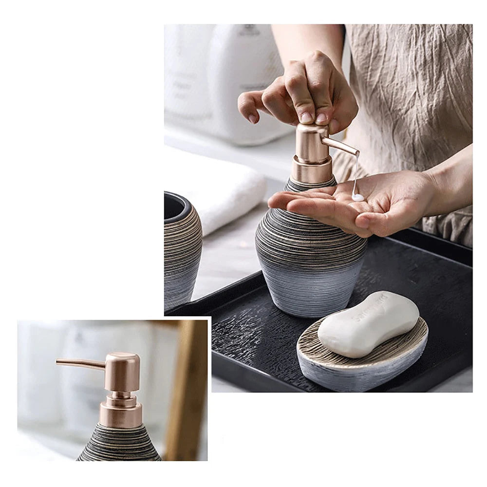 Five-Piece Ceramic Bathroom Accessory Set Dispenser Holder Cup Tray