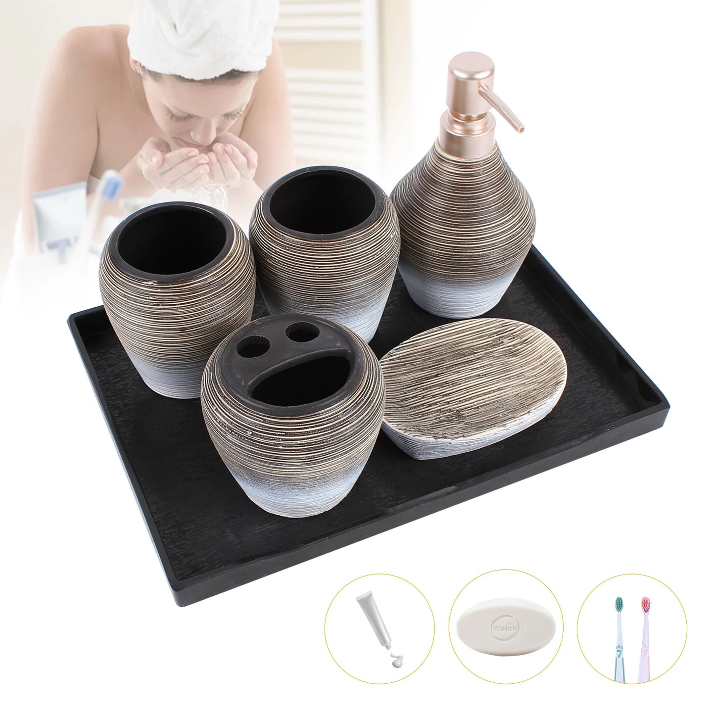 Five-Piece Ceramic Bathroom Accessory Set Dispenser Holder Cup Tray