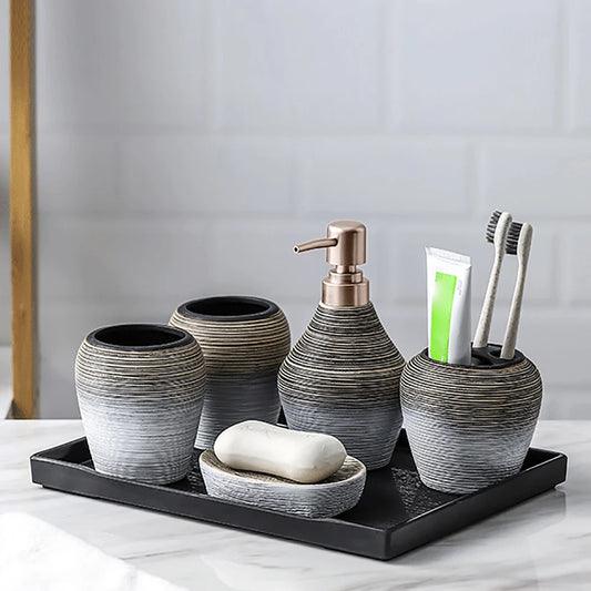 Five-Piece Ceramic Bathroom Accessory Set Dispenser Holder Cup Tray