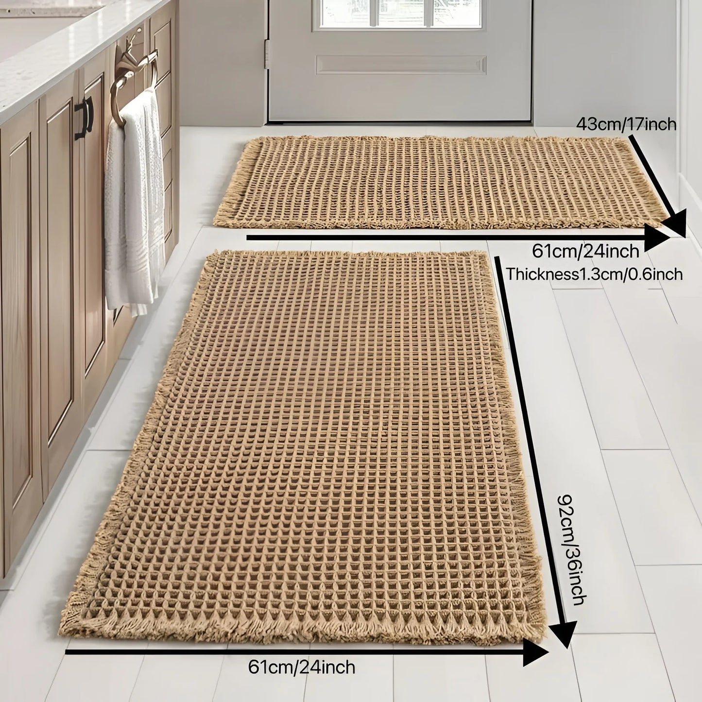 Waffle Weave Bathroom Mat, Super Absorbent Non-Slip Bath Mat with Tassels, Machine Washable, Brown (2 Sizes)