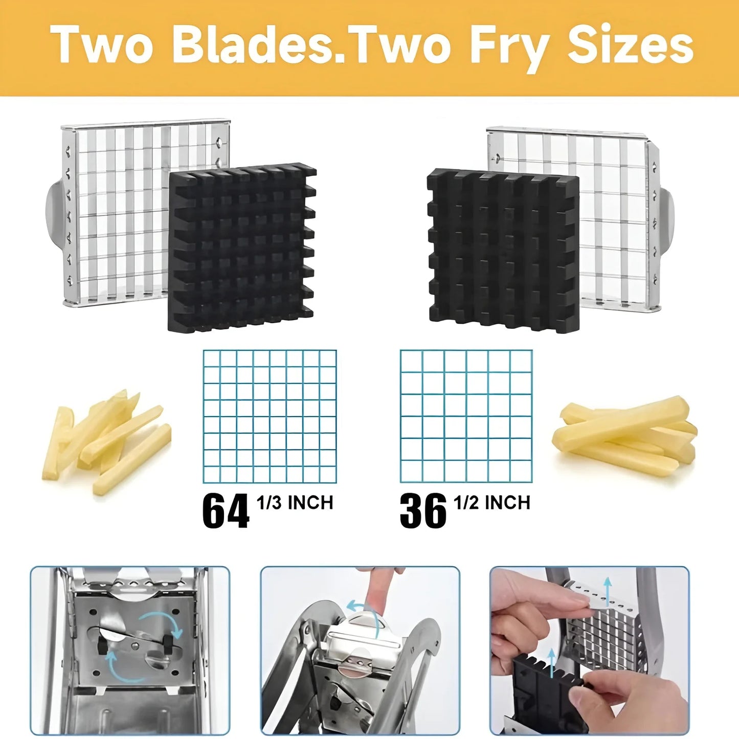 Manual French Fry Cutter with 2 Blades,Stainless Steel Potato Slicer for Fries,Carrots & Cucumbers, Kitchen Air Fryer Mate