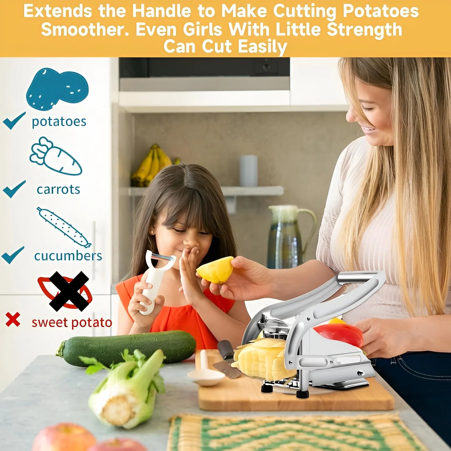 Manual French Fry Cutter with 2 Blades,Stainless Steel Potato Slicer for Fries,Carrots & Cucumbers, Kitchen Air Fryer Mate