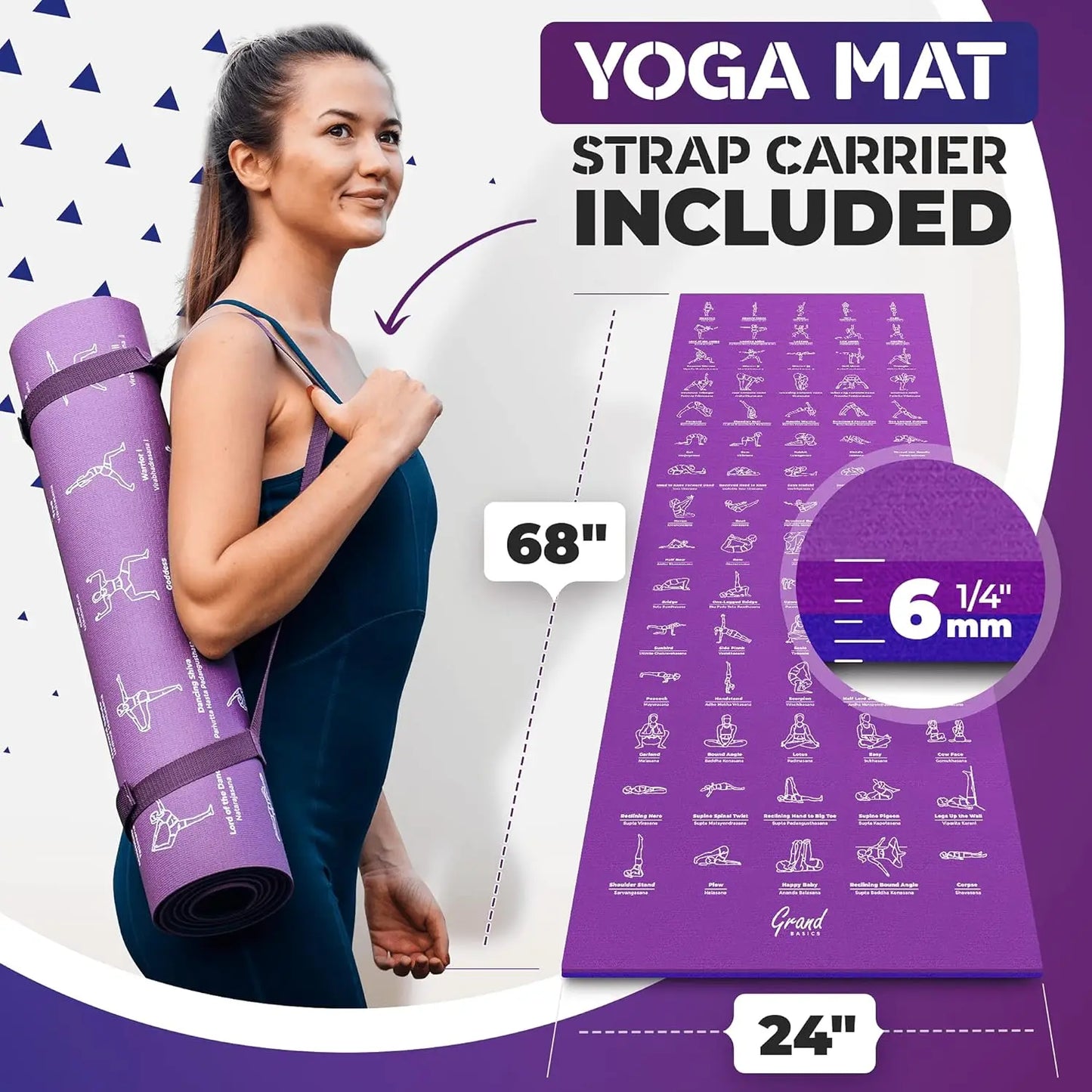 Instructional Yoga Mat With Carrying Strap 75 Poses Non Slip
