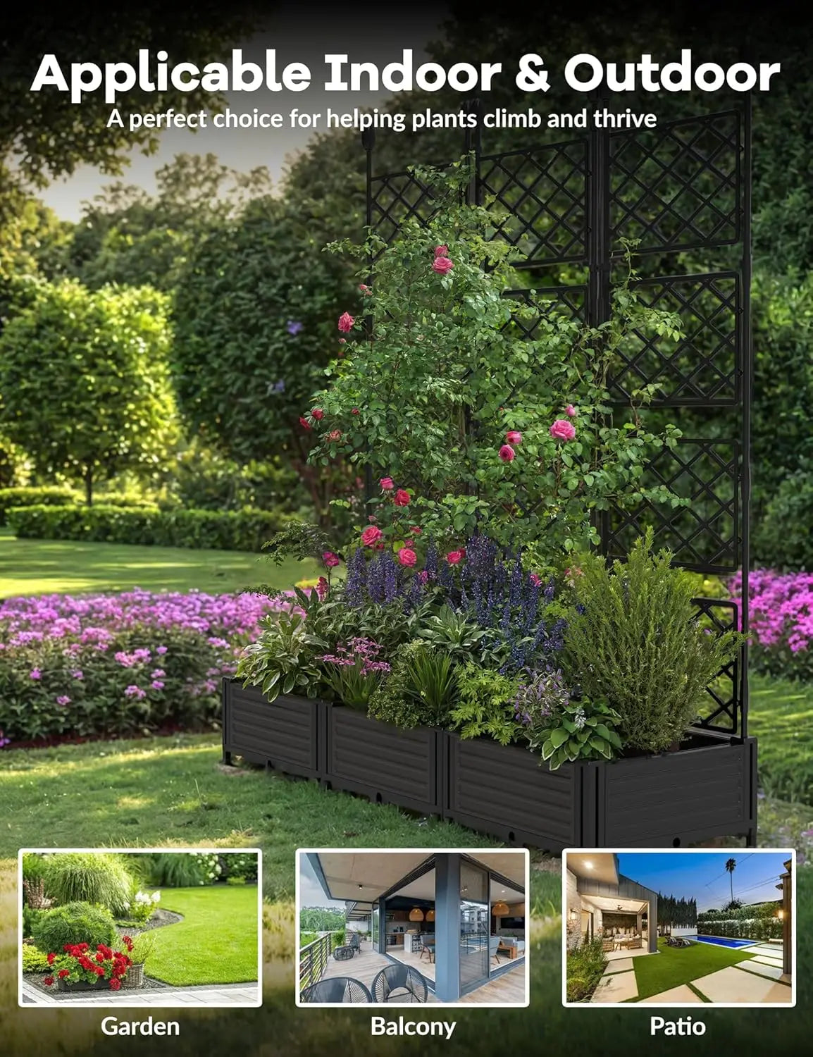 Outdoor Raised Planter Box With Trellis For Climbing Plants