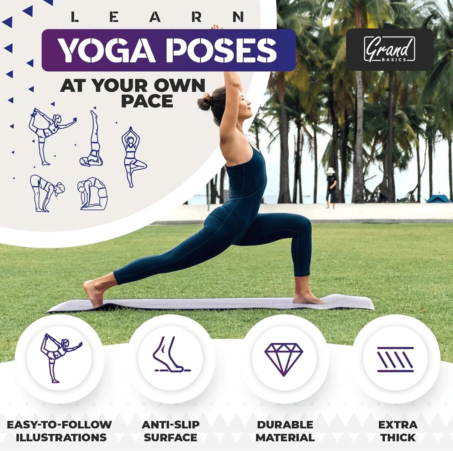 Instructional Yoga Mat With Carrying Strap 75 Poses Non Slip