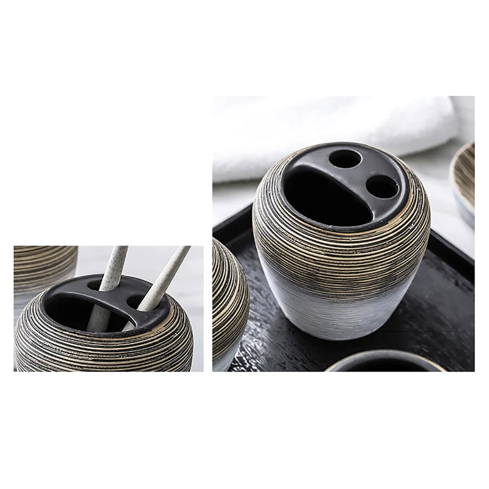Five-Piece Ceramic Bathroom Accessory Set Dispenser Holder Cup Tray